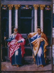 St. Peter og St. Paul, fra en faksimile av breviaret til kong Filip II av Spania, 1569 (pergament)